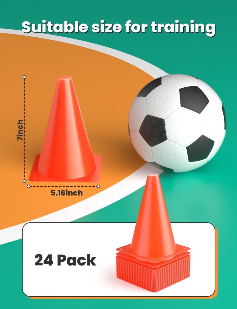 GHB Soccer Cones 7" 9" of 12 24 Pack Disc Soccer Sport Cones Training Field Marker Agility Cones for Basketball, Coaching, Practice Equipment Includes Drills Guide - Image 2